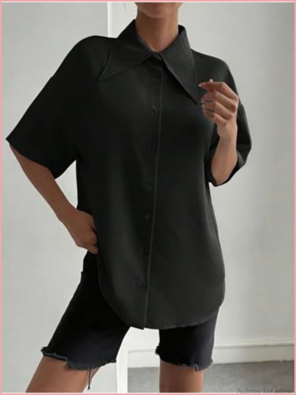 Oversize Collar Button Down Short Sleeve Work Blouse - Picture 2 of 4